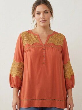 Orange Boho Crochet Rayon Blouse Women's Medium Peasant Top